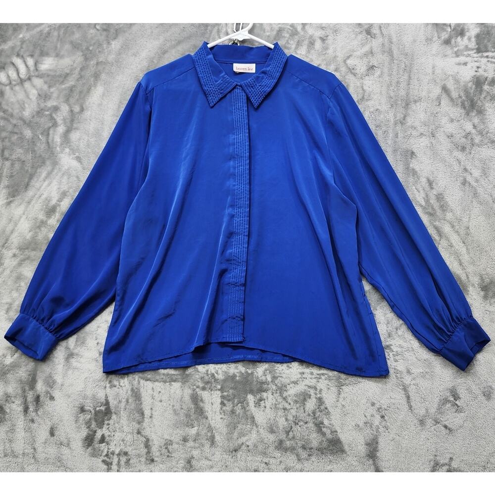 Vintage Lauren Lee Top Womens XL Blue Long Sleeve Hidden Button Front Silky